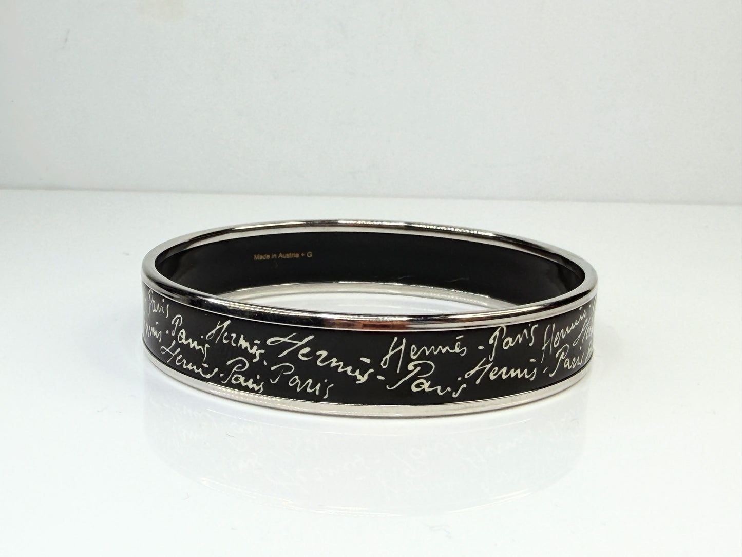 Vintage Hermes Paris Script Enamel Bangle Black Silver Austria GS771
