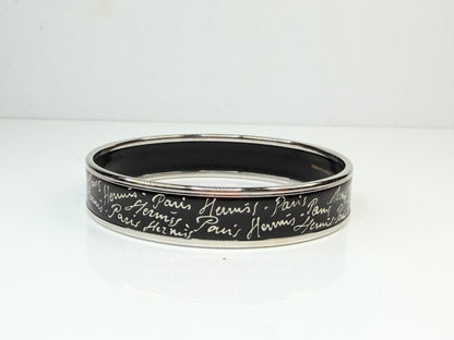 Vintage Hermes Paris Script Enamel Bangle Black Silver Austria GS771