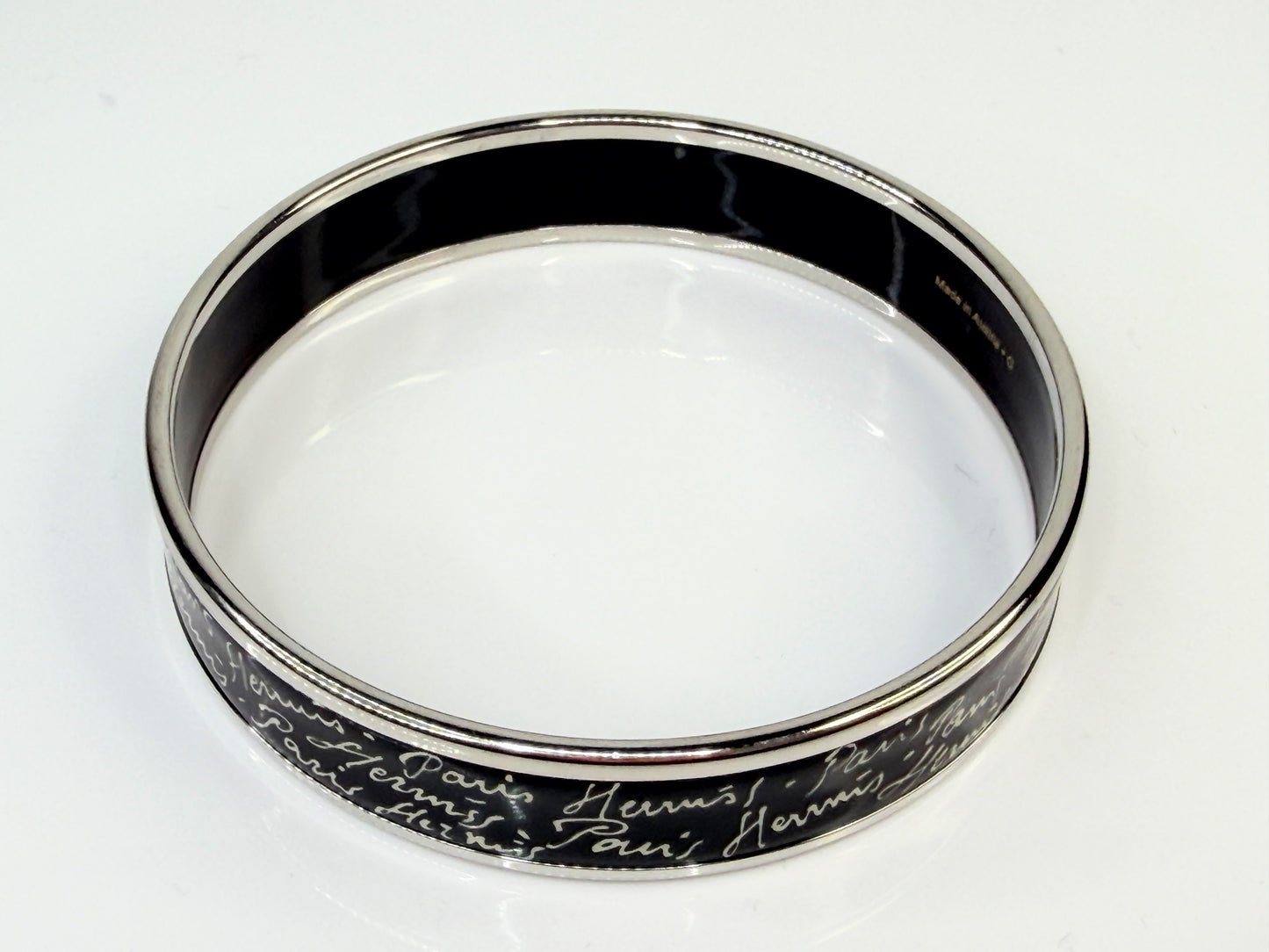 Vintage Hermes Paris Script Enamel Bangle Black Silver Austria GS771