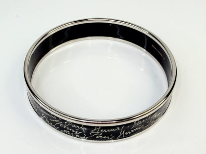 Vintage Hermes Paris Script Enamel Bangle Black Silver Austria GS771