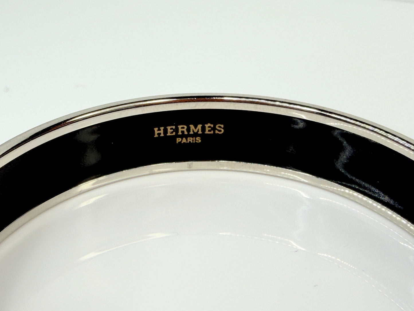Vintage Hermes Paris Script Enamel Bangle Black Silver Austria GS771