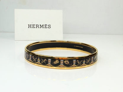 Vintage Hermès Enamel Bangle Bracelet Equestrian Motif Black Gold GS712