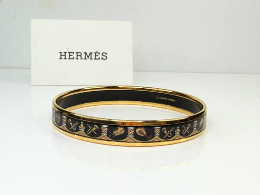 Vintage Hermès Enamel Bangle Bracelet Equestrian Motif Black Gold GS712