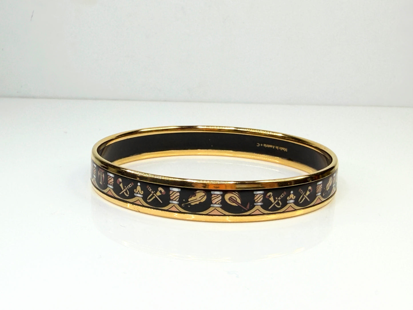 Vintage Hermès Enamel Bangle Bracelet Equestrian Motif Black Gold GS712