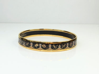 Vintage Hermès Enamel Bangle Bracelet Equestrian Motif Black Gold GS712