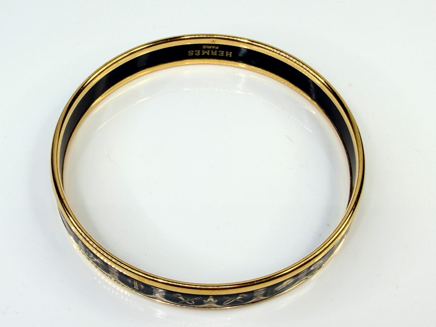 Vintage Hermès Enamel Bangle Bracelet Equestrian Motif Black Gold GS712