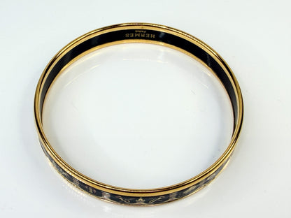 Vintage Hermès Enamel Bangle Bracelet Equestrian Motif Black Gold GS712