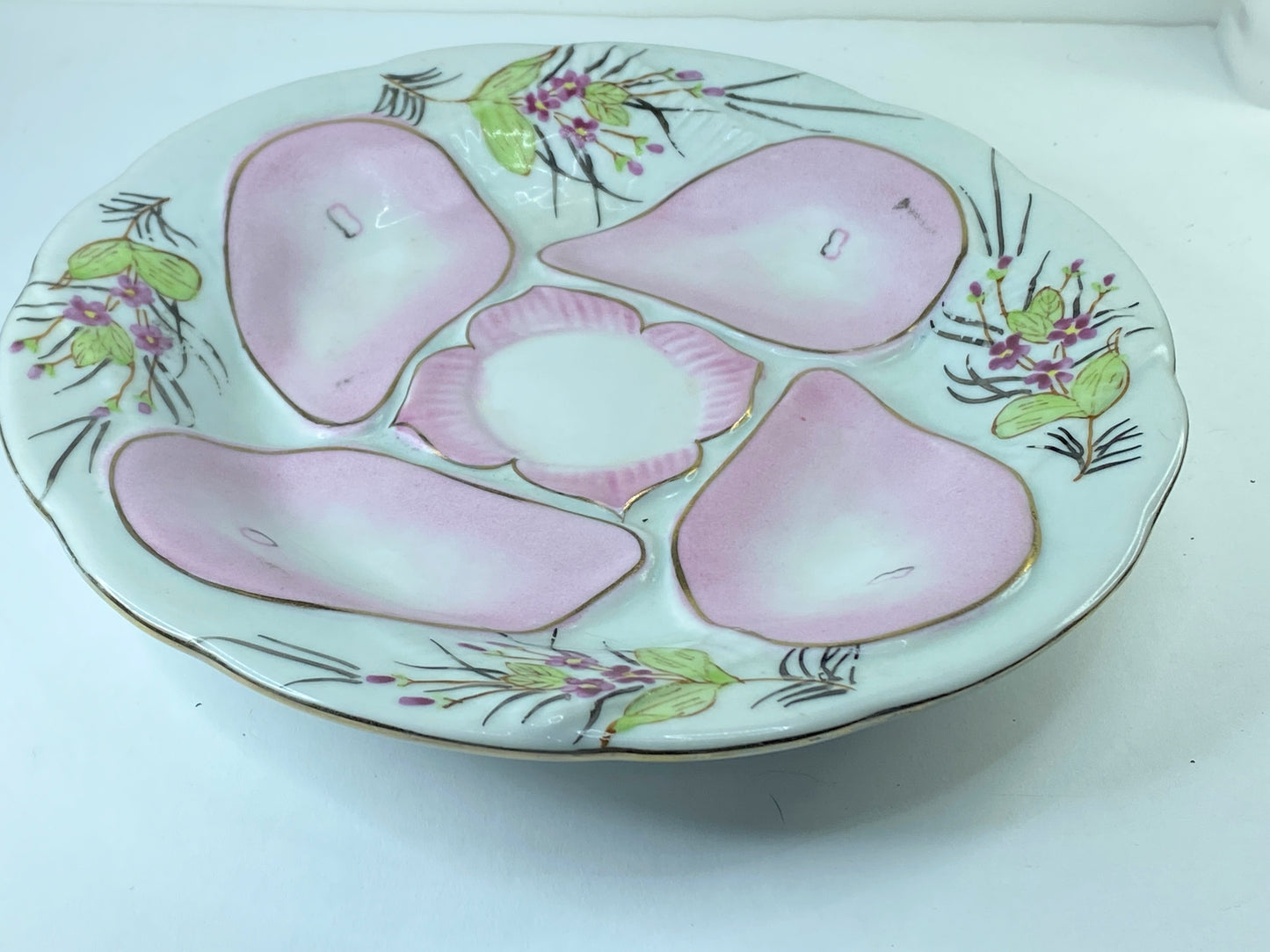 Vintage Nippon Oyster plate, hand painted, roses, dogwood, pink, 9" c1920 A399