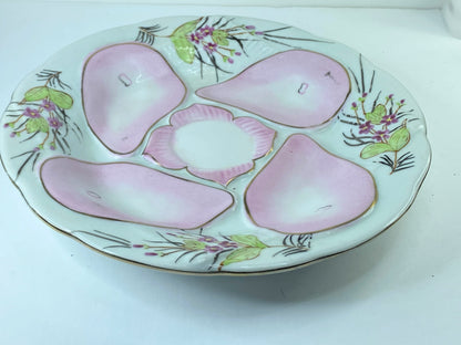 Vintage Nippon Oyster plate, hand painted, roses, dogwood, pink, 9" c1920 A399