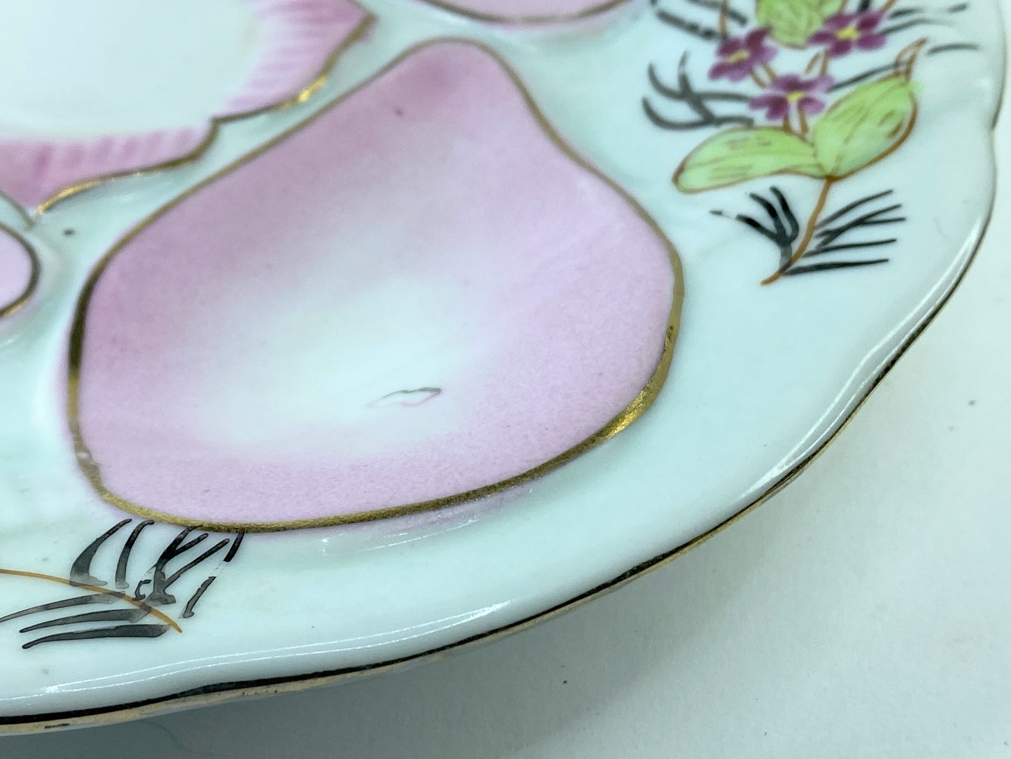 Vintage Nippon Oyster plate, hand painted, roses, dogwood, pink, 9" c1920 A399