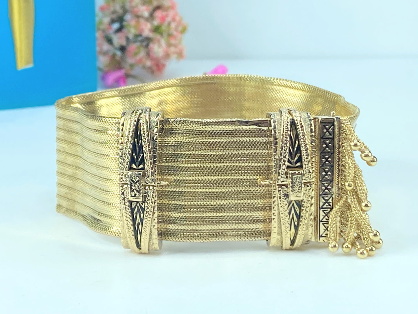 Antique European Emblem Iconic Bracelet 14kt Tassel Adjustable Slide Cuff JR463