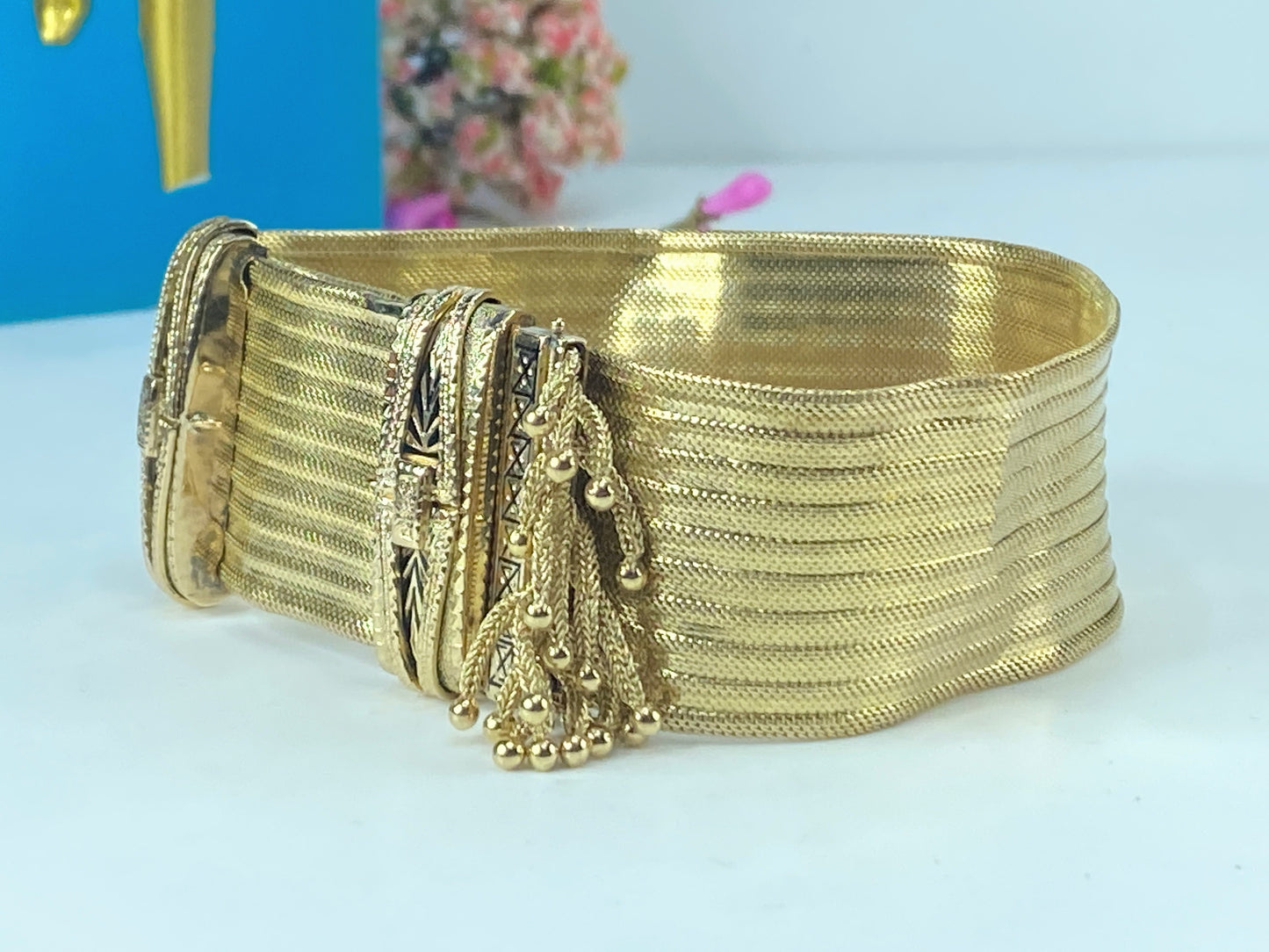 Antique European Emblem Iconic Bracelet 14kt Tassel Adjustable Slide Cuff JR463