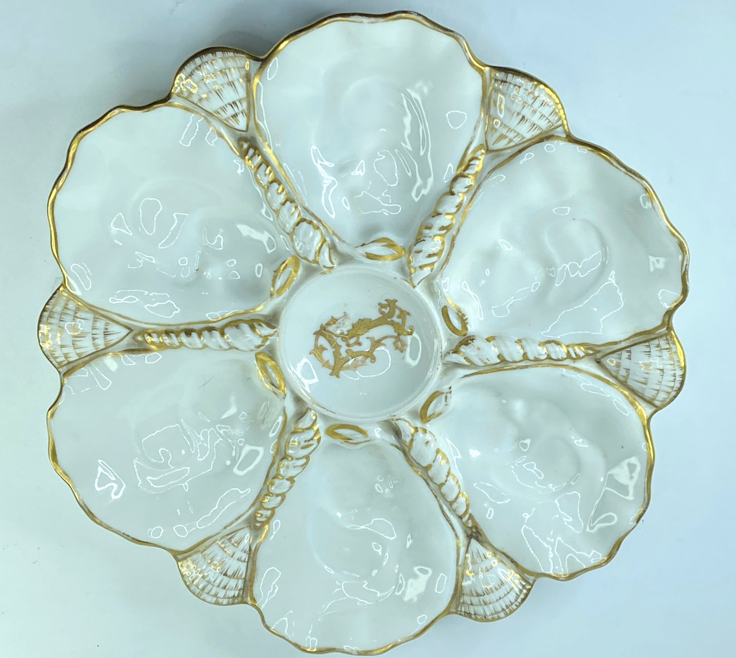 19th cent gold monogram & gild leave-like deco LP 6 well oyster plates 9.5" A401