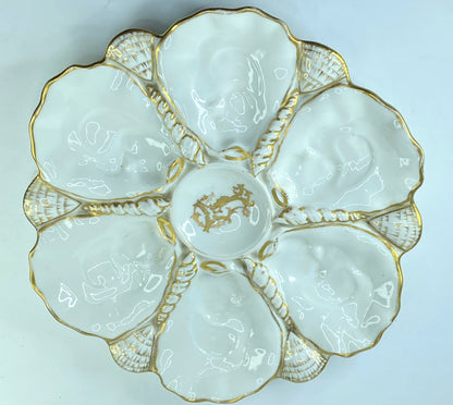 19th cent gold monogram & gild leave-like deco LP 6 well oyster plates 9.5" A401
