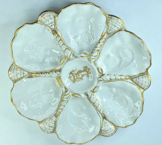 19th cent gold monogram & gild leave-like deco LP 6 well oyster plates 9.5" A401