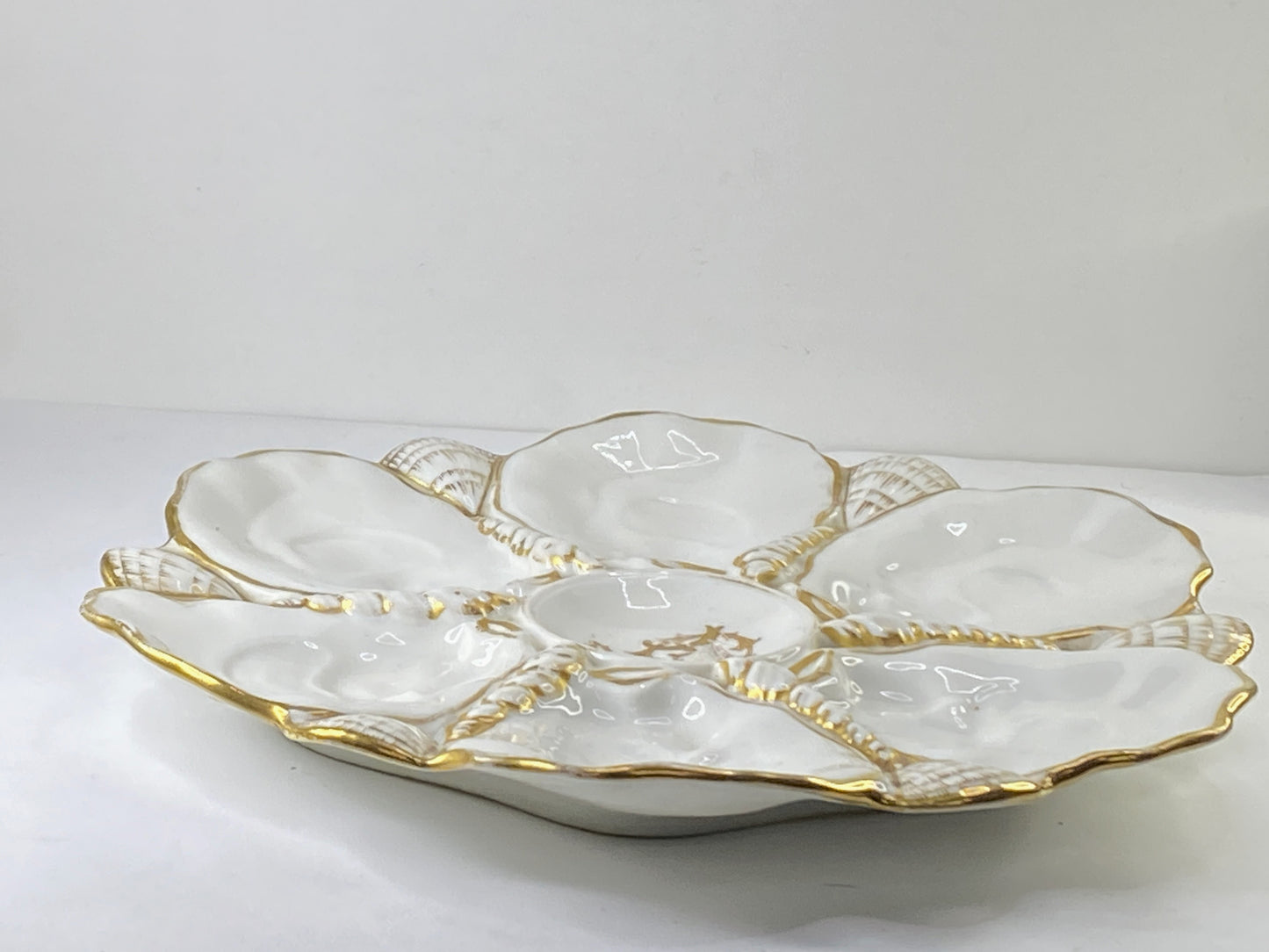 19th cent gold monogram & gild leave-like deco LP 6 well oyster plates 9.5" A401