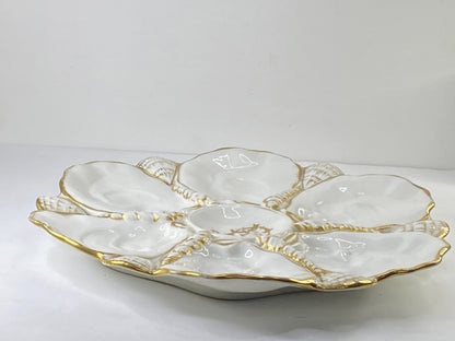 19th cent gold monogram & gild leave-like deco LP 6 well oyster plates 9.5" A401