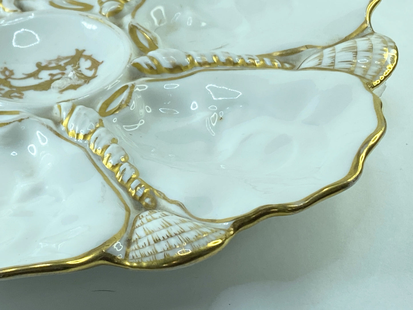 19th cent gold monogram & gild leave-like deco LP 6 well oyster plates 9.5" A401