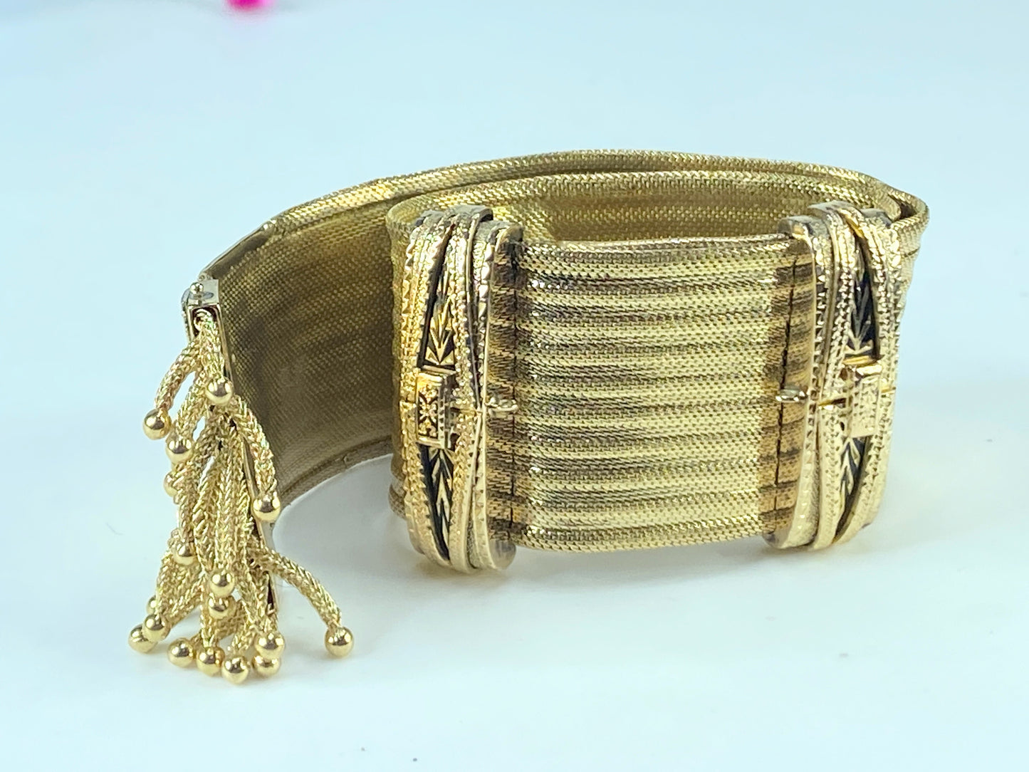 Antique European Emblem Iconic Bracelet 14kt Tassel Adjustable Slide Cuff JR463