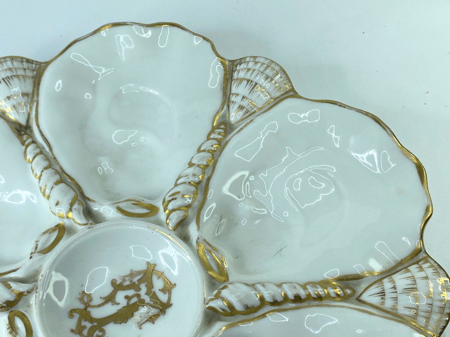 19th cent gold monogram & gild leave-like deco LP 6 well oyster plates 9.5" A401