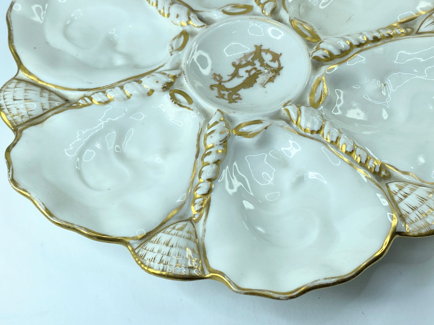 19th cent gold monogram & gild leave-like deco LP 6 well oyster plates 9.5" A401