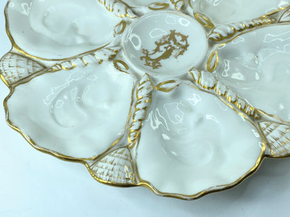 19th cent gold monogram & gild leave-like deco LP 6 well oyster plates 9.5" A401