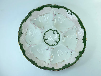Antique Oyster Plate Forest Green, soft pink, gold gilt Fish Scale Pattern A402