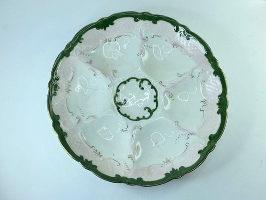 Antique Oyster Plate Forest Green, soft pink, gold gilt Fish Scale Pattern A402