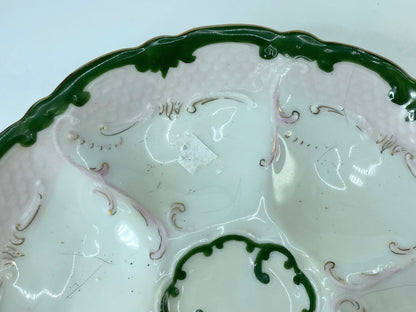 Antique Oyster Plate Forest Green, soft pink, gold gilt Fish Scale Pattern A402