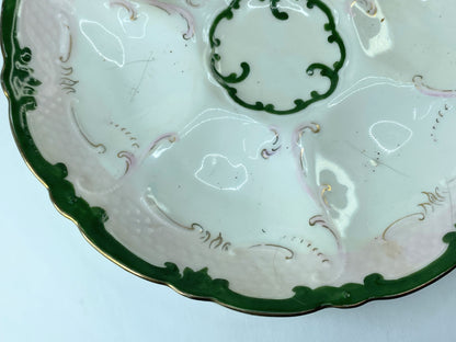 Antique Oyster Plate Forest Green, soft pink, gold gilt Fish Scale Pattern A402