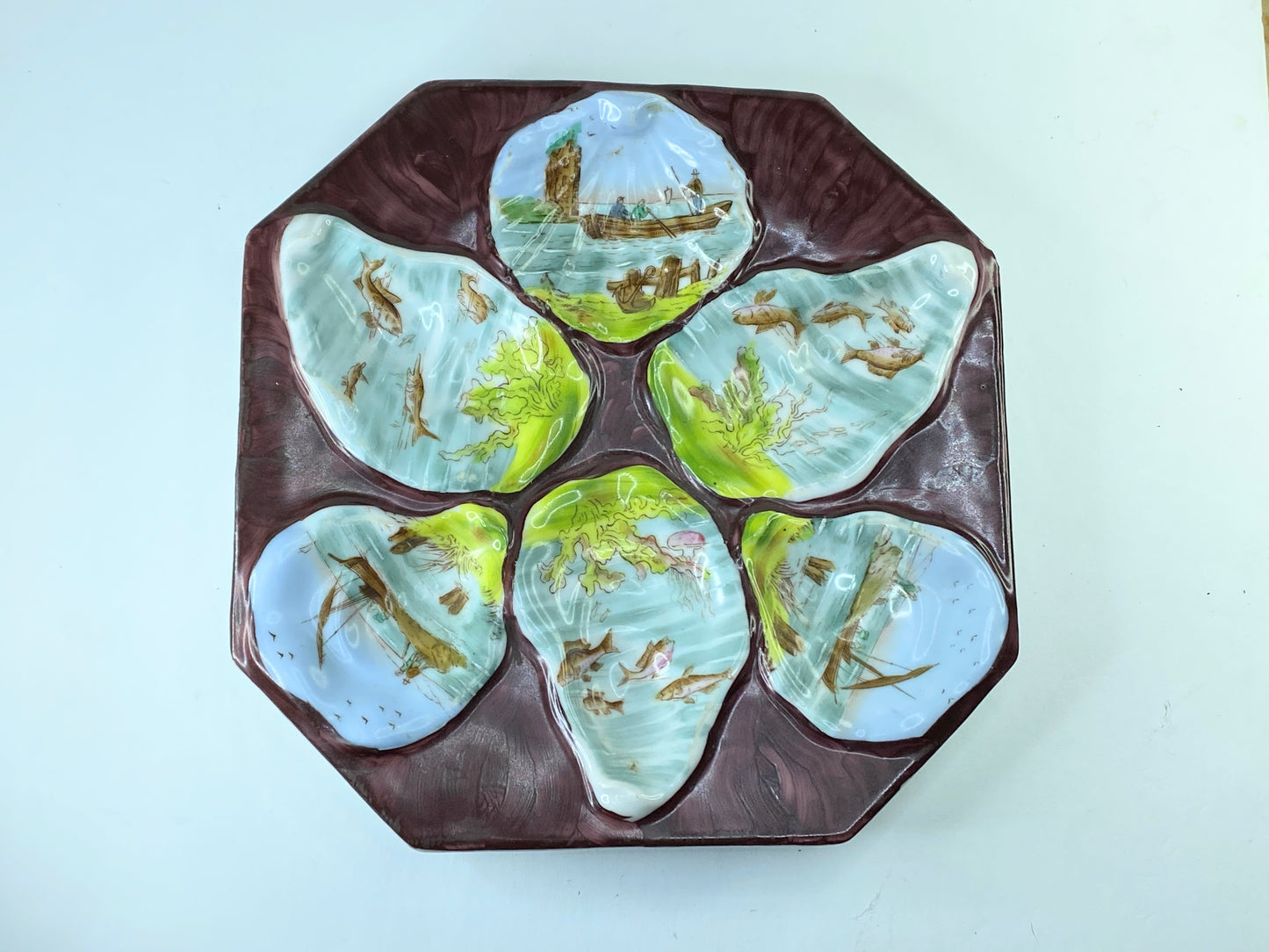 Rare Antique Hand-Painted Oyster Plate with Sea Creatures octagon design 8" A403