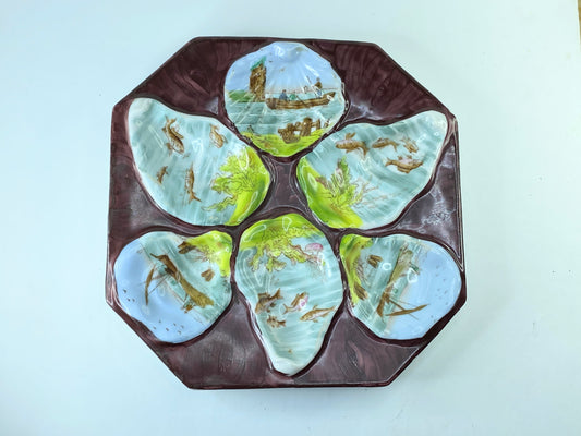 Rare Antique Hand-Painted Oyster Plate with Sea Creatures octagon design 8" A403