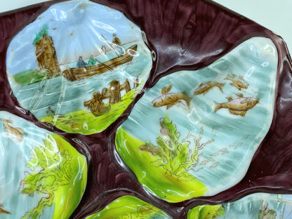 Rare Antique Hand-Painted Oyster Plate with Sea Creatures octagon design 8" A403