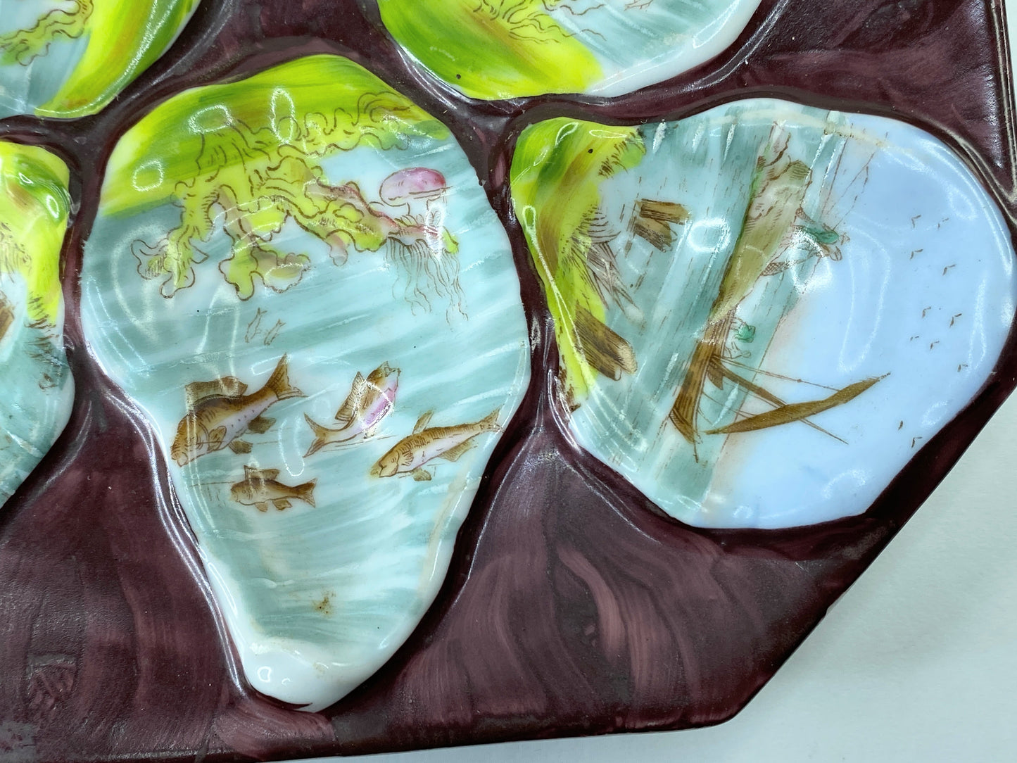 Rare Antique Hand-Painted Oyster Plate with Sea Creatures octagon design 8" A403