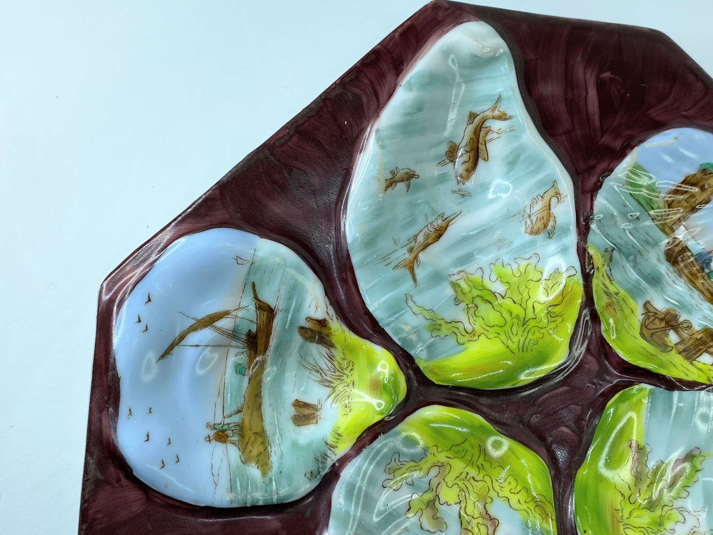 Rare Antique Hand-Painted Oyster Plate with Sea Creatures octagon design 8" A403