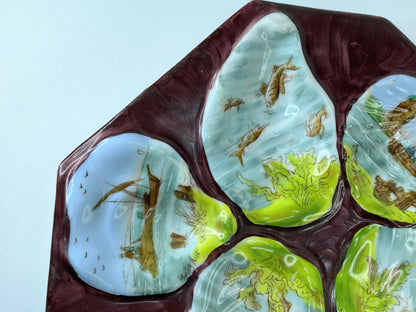 Rare Antique Hand-Painted Oyster Plate with Sea Creatures octagon design 8" A403