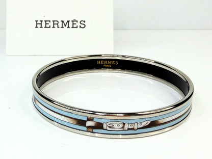 Vintage Hermès Enamel Bangle Bracelet Blue Belt Motif Palladium GS777