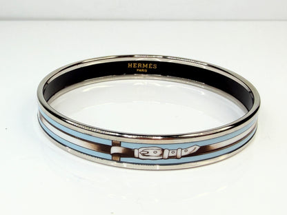 Vintage Hermès Enamel Bangle Bracelet Blue Belt Motif Palladium GS777