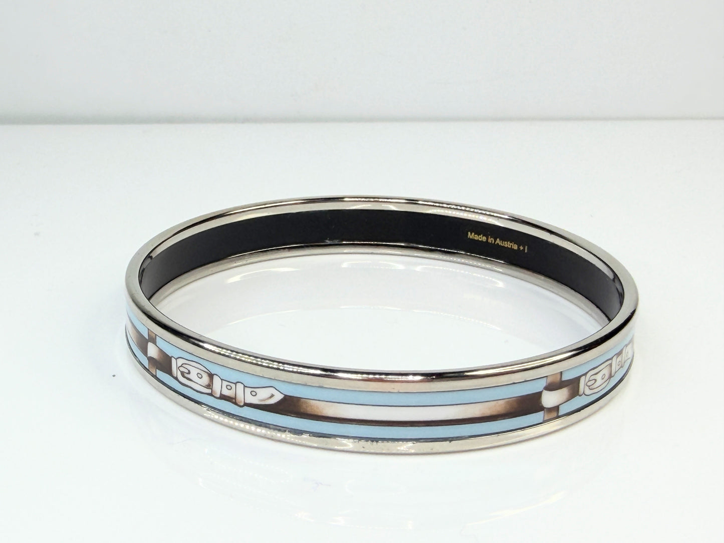 Vintage Hermès Enamel Bangle Bracelet Blue Belt Motif Palladium GS777