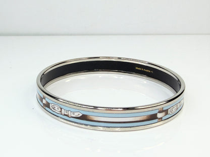 Vintage Hermès Enamel Bangle Bracelet Blue Belt Motif Palladium GS777