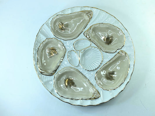 White Porcelain Oyster Serving Plate in Brown & Gold, 1800s, Germany 8.25" A405