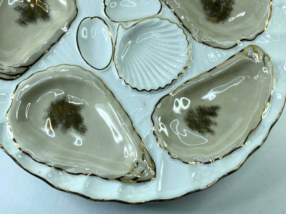 White Porcelain Oyster Serving Plate in Brown & Gold, 1800s, Germany 8.25" A405