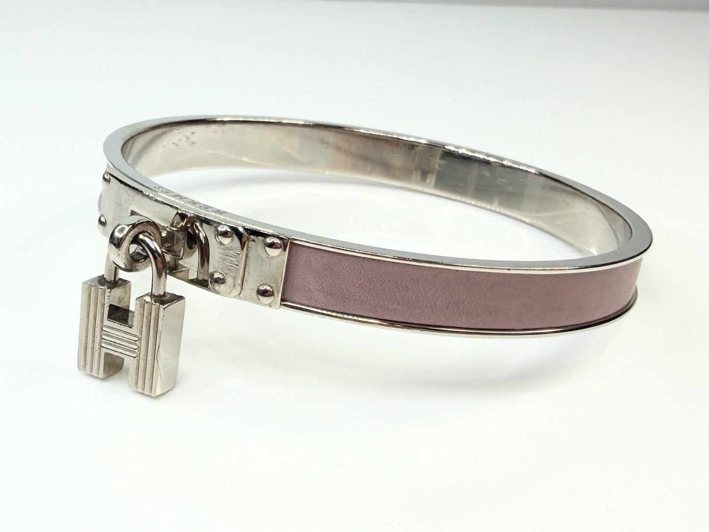 Vintage Hermès Kelly Lock Palladium Plated Pink Leather Bracelet GS780