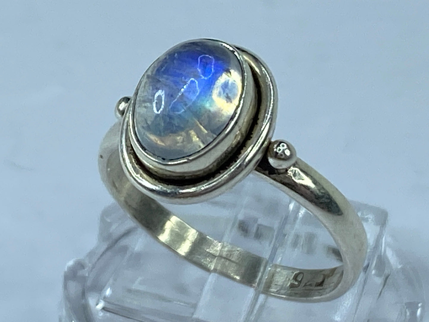 Natural Rainbow Moonstone sterling milgrain bead ring JR9027