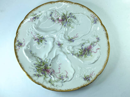Rare GDA Limoges France Oyster Plate Lavender Roses ribbon 8.75" c1906 A408