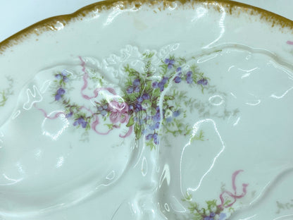 Rare GDA Limoges France Oyster Plate Lavender Roses ribbon 8.75" c1906 A408