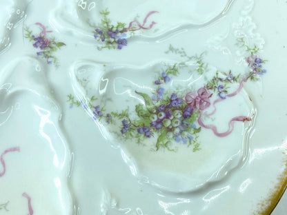 Rare GDA Limoges France Oyster Plate Lavender Roses ribbon 8.75" c1906 A408