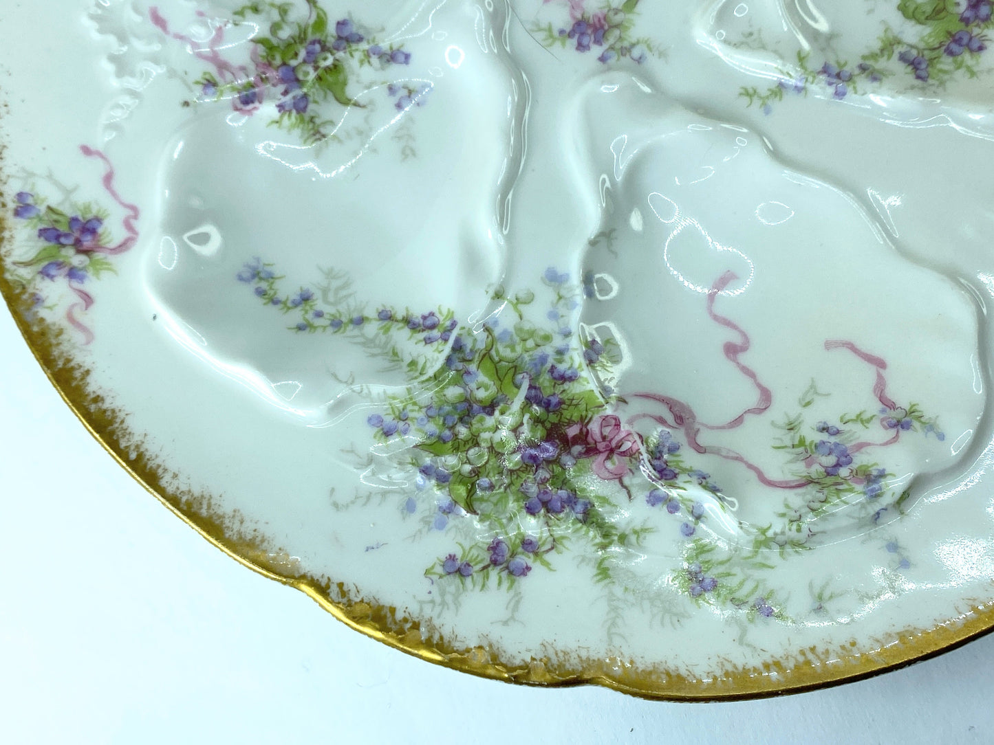 Rare GDA Limoges France Oyster Plate Lavender Roses ribbon 8.75" c1906 A408