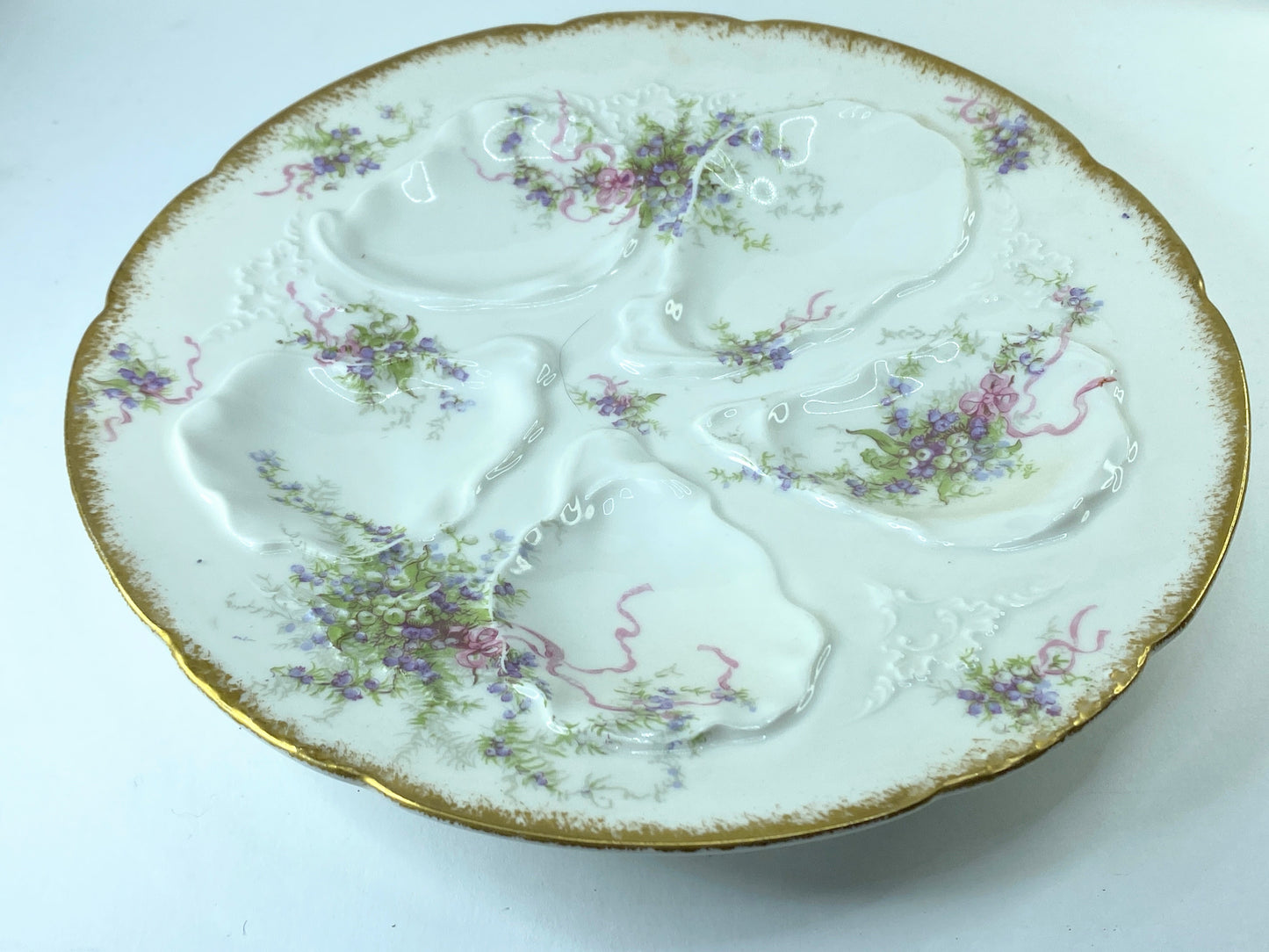 Rare GDA Limoges France Oyster Plate Lavender Roses ribbon 8.75" c1906 A408