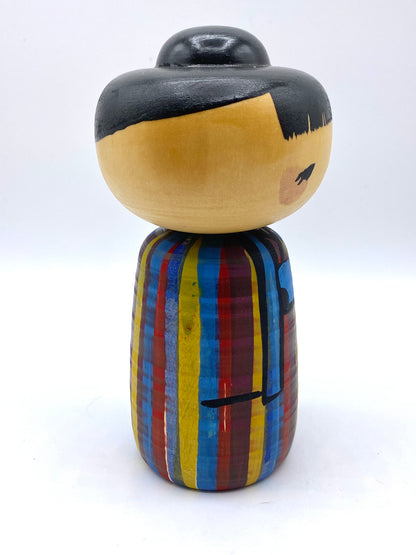 Master artist Hiroe Fukushima title "Villager" bold color Kokeshi w/box 6"